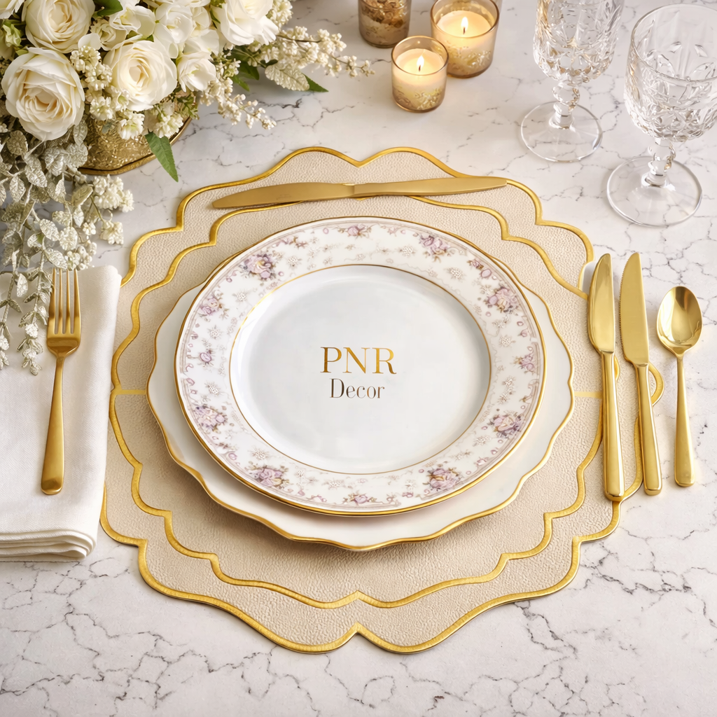 Decorative table setting with gold and white plates, cutlery, and flowers on a marble surface.