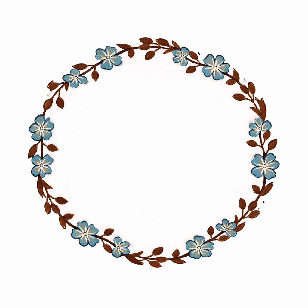 Decorative floral wreath with blue flowers and brown leaves on a white background