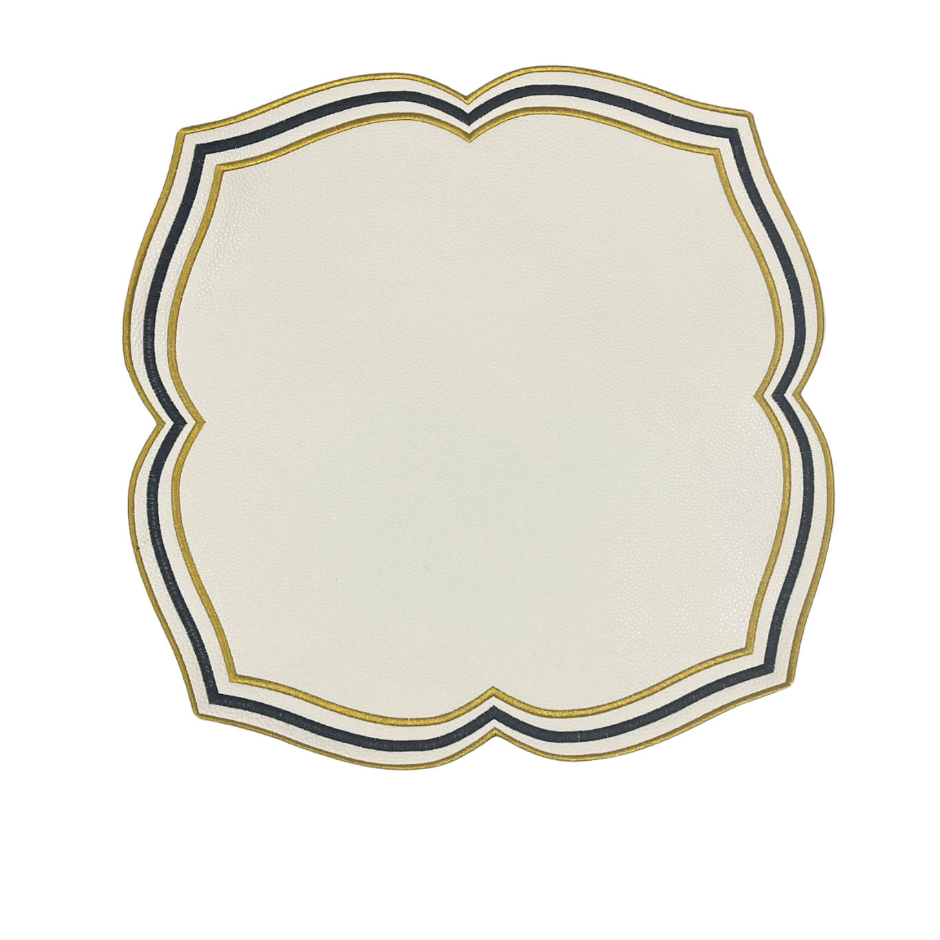 A rectangular faux leather placemat with a black and gold design, featuring a decorative border.