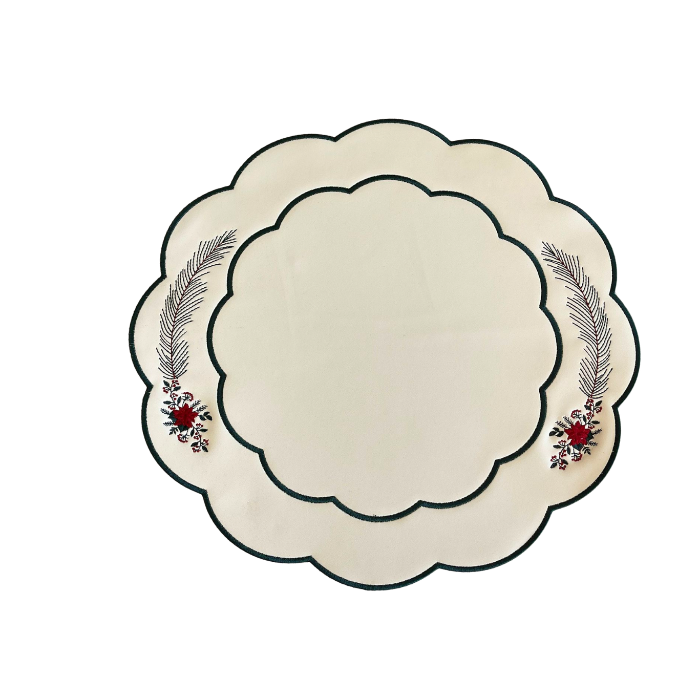 A round faux leather placemat with a white poinsettia design and green leaf accents along the border.