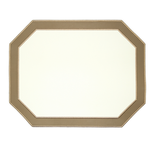 A rectangular faux leather placemat with a light brown color and a decorative embroidered edge.